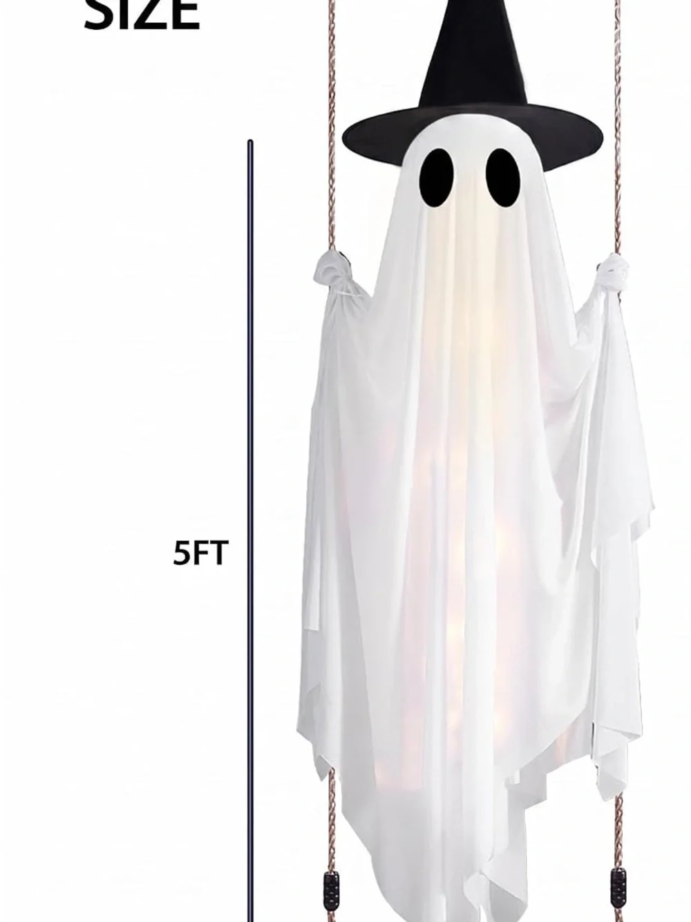 5 ft Tall LED White Ghost Outdoor Decor with Witch Hat - Illuminated Halloween